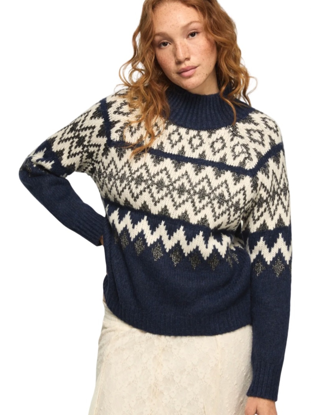 Lucky Brand Navy and White Fair Isle Turtleneck Sweater